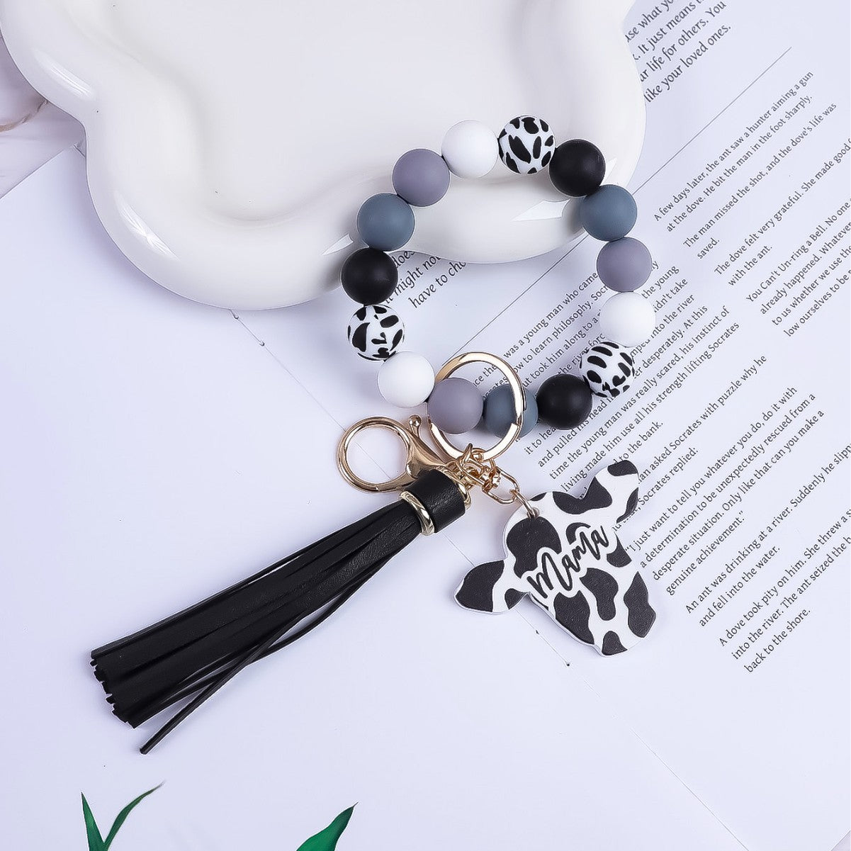 Wholesale Western Style Silicone Beaded Tassel Wooden Keychain