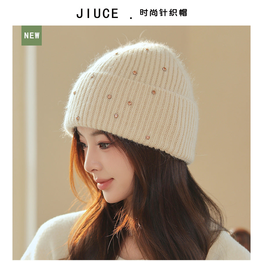 Wholesale Valentine's Day Winter Colorful Diamond Rabbit Fur Knitted Hat Thickened Warm Hat