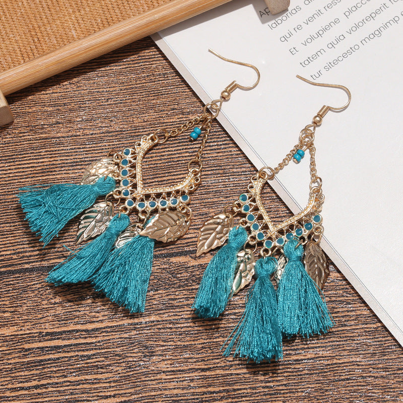 Wholesale Ethnic Style Tassel Metal Leaf Earrings