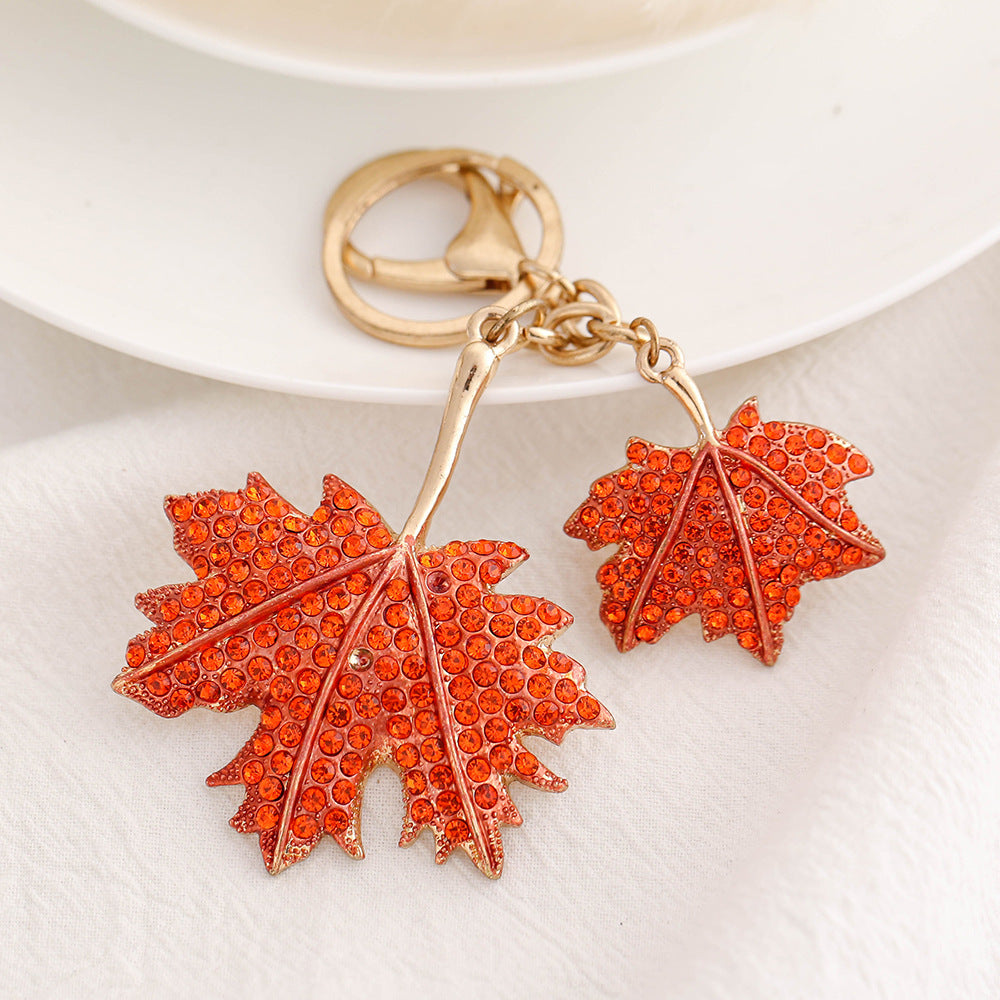 Wholesale Diamond Inlaid Metal Double Maple Leaf Keychain