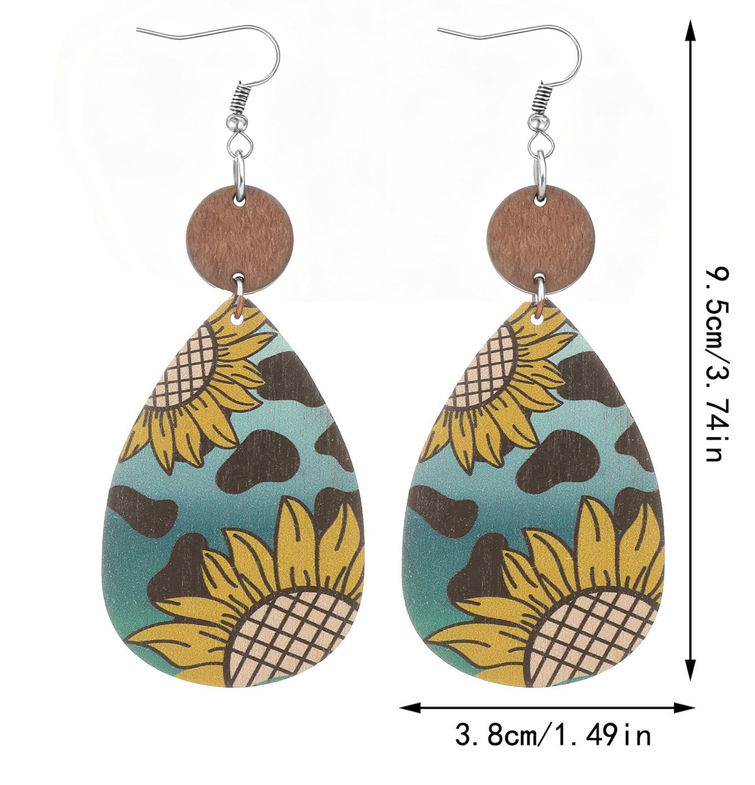 Wholesale Lightweight Retro Wooden Sunflower Cow Print Earrings Trendy Western Farm Style Jewelry Accessory Gift