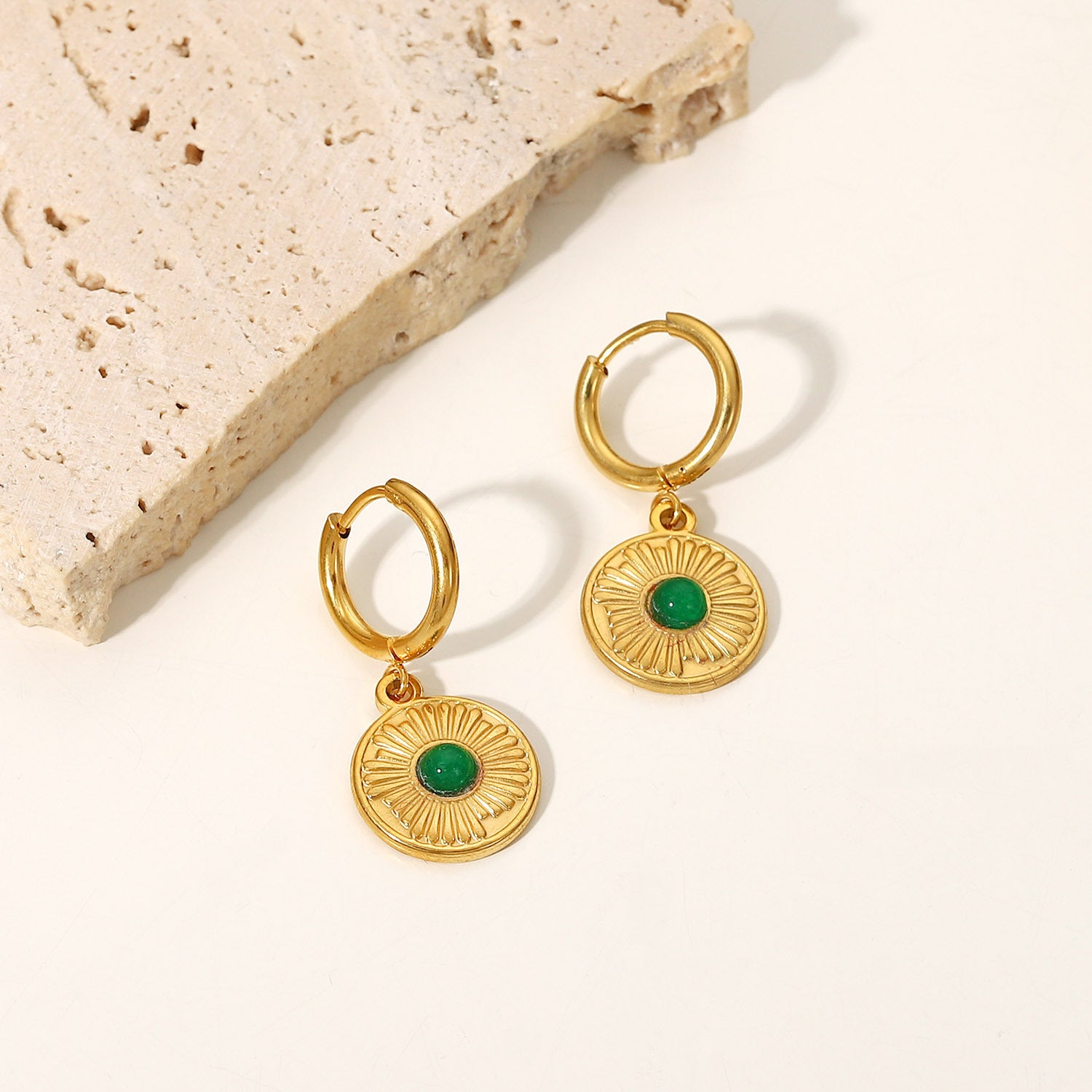 Wholesale Stainless Steel 18K Gold Semi Precious Stone Round Coin Pendant Earrings