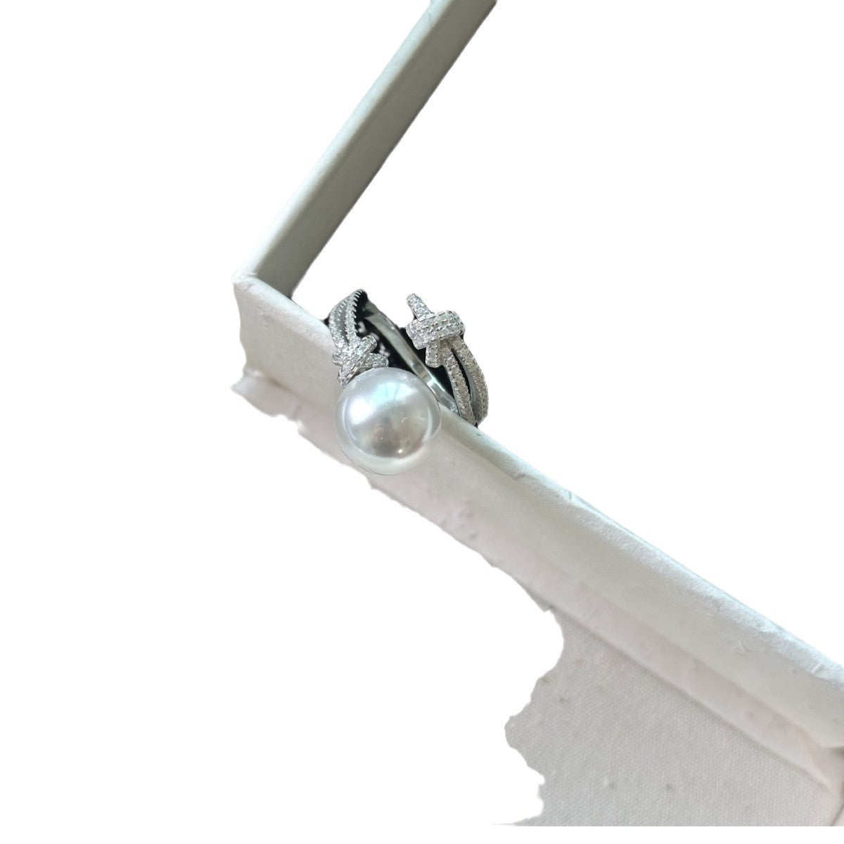 Wholesale S925 Silver Heavy Industry Full Diamond Winding White Single Pearl Ring Women's  Open Ring