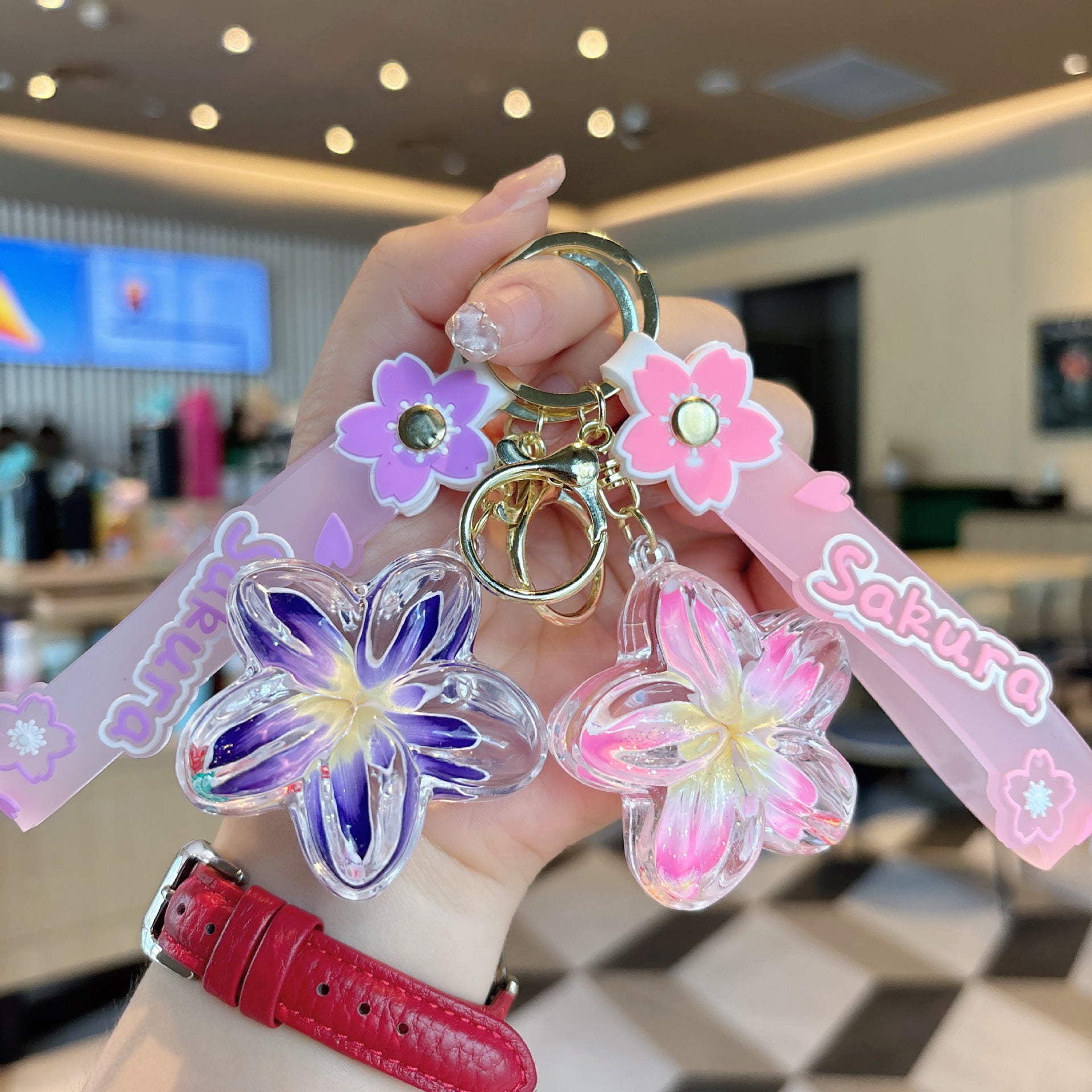 Wholesale Acrylic Liquid Sand Plumeria Keychain