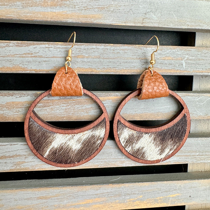Wholesale Western Leather Circular Geometric Hollow Inlaid with Leopard Print Classic Exaggerated Earrings