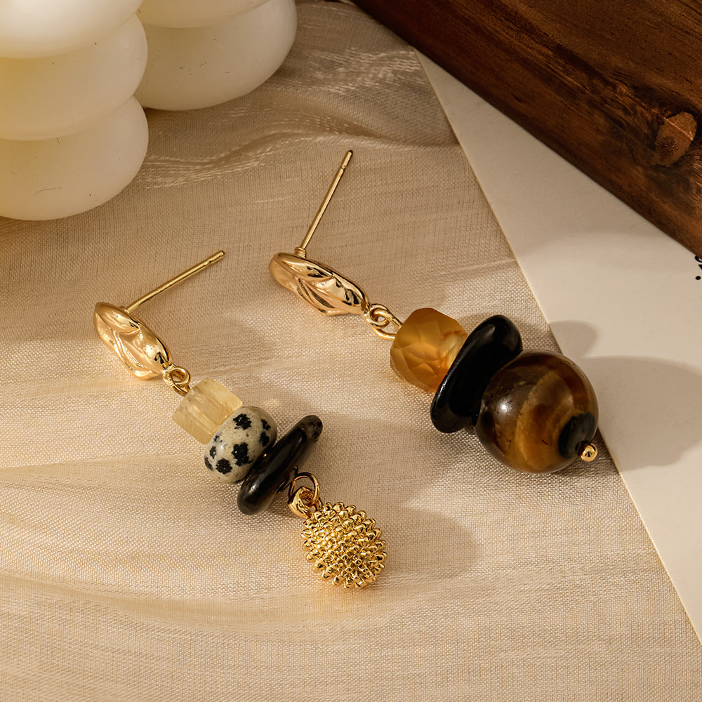 Wholesale Retro Maillard Tiger Eye Stone Natural Stone Moon Earrings