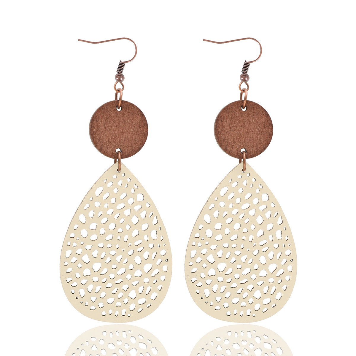 Wholesale Drop-shaped Hollow-out Leather and Wood Combination Mesh Earrings