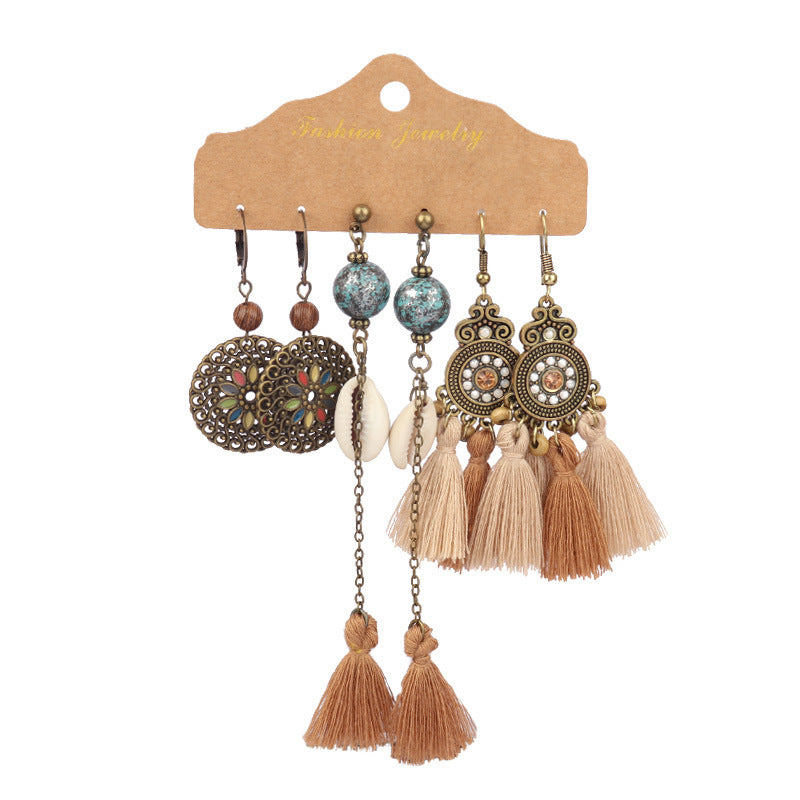 Wholesale Vintage Distressed Geometric Tassel Flower Earrings Set