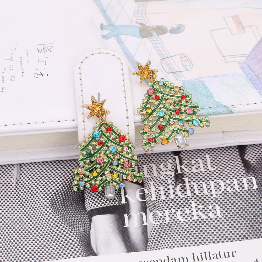 Wholesale Creative Hollowed Out Diamond Christmas Tree Colored Diamond Earrings