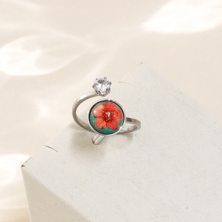 Wholesale 12pcs Zircon Everlasting Flower Stainless Steel Open Ring