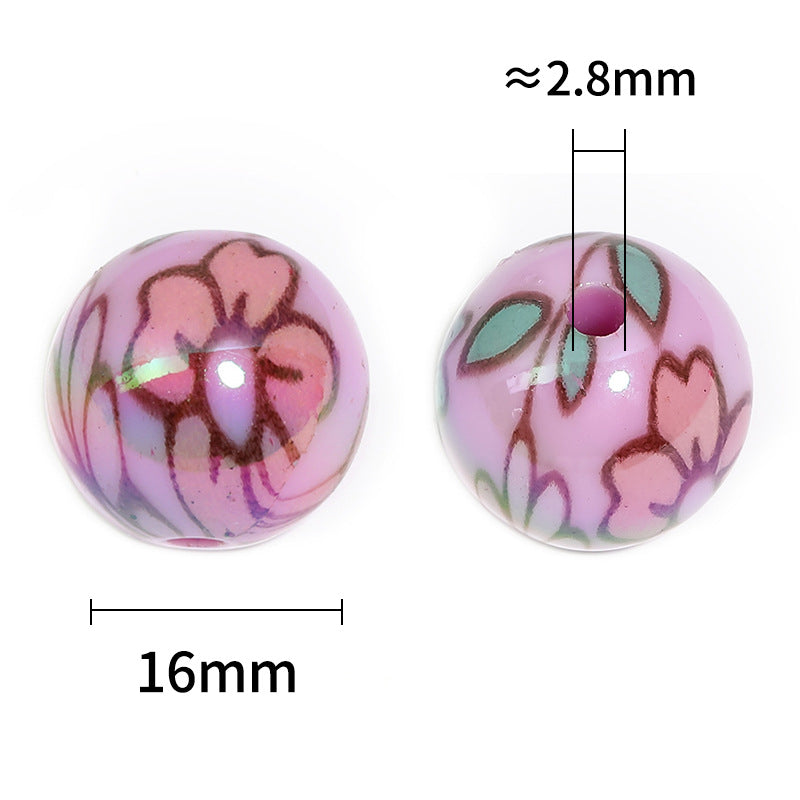 Wholesale 100pcs 16mm Color Plated Printed Round Beads Flower Acrylic Diy Beads