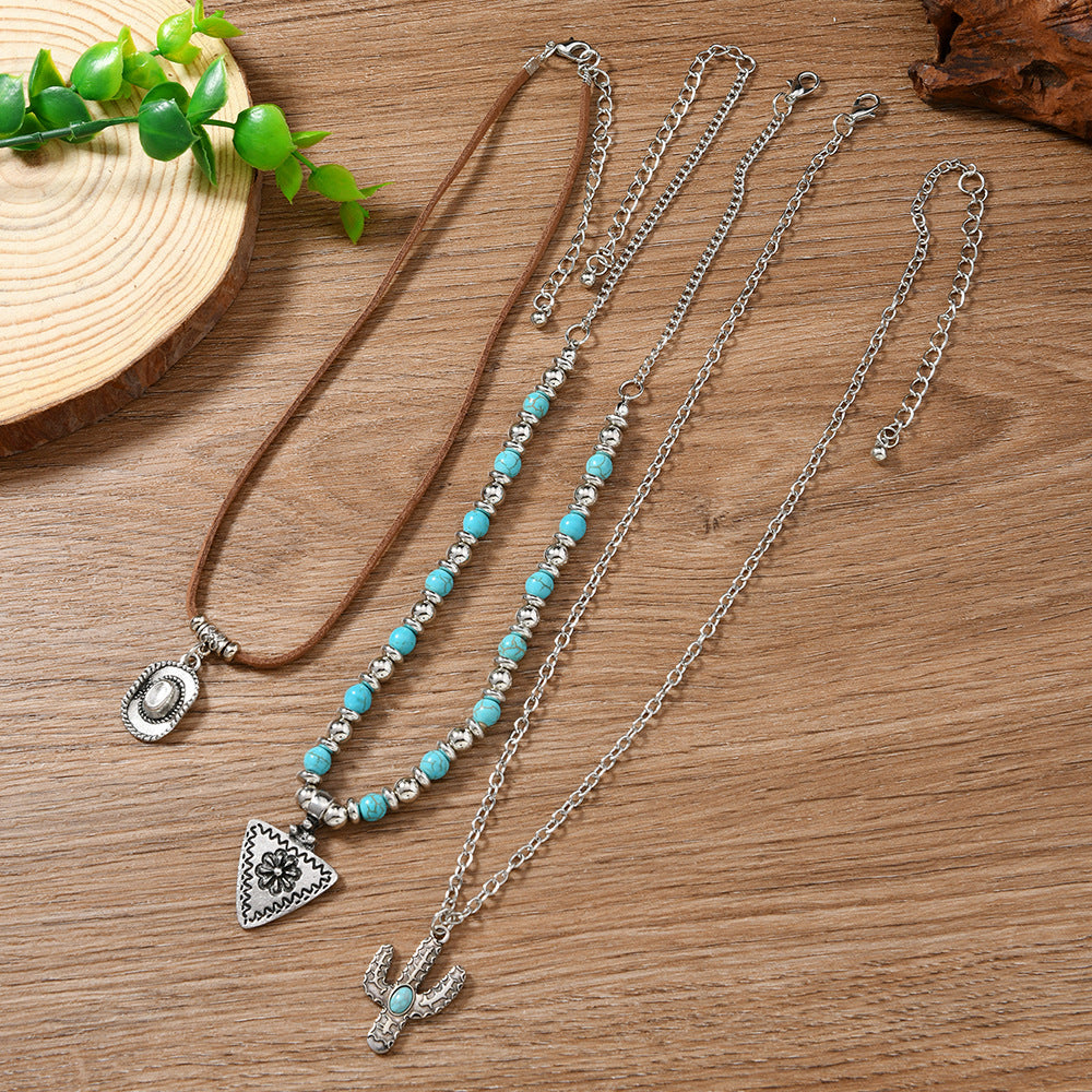 Wholesale Necklace Western Style Cactus Cattle Head Hat Turquoise Flannel Neck Chain