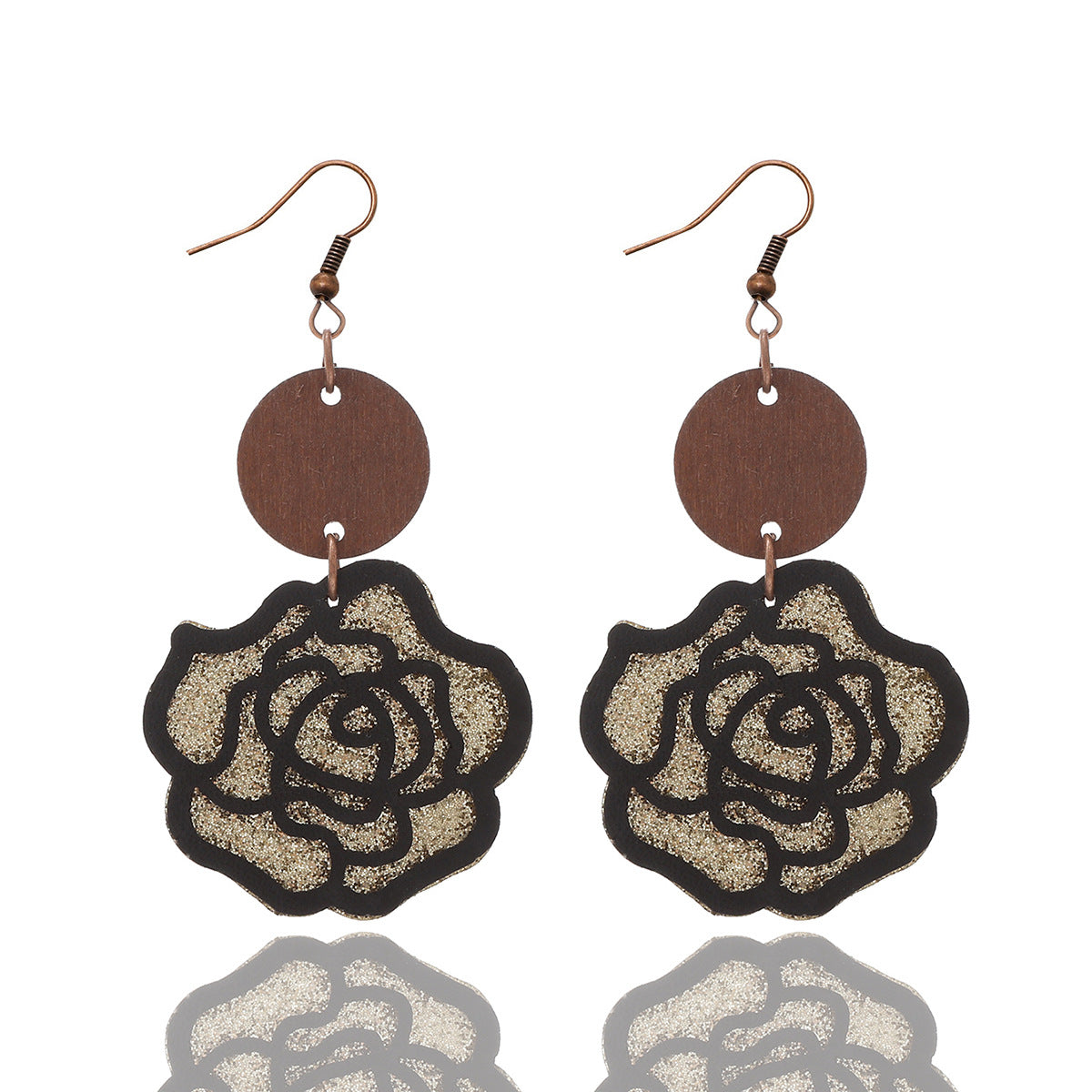 Wholesale Rose Flower Vintage Double Leather Wood Chip Earrings