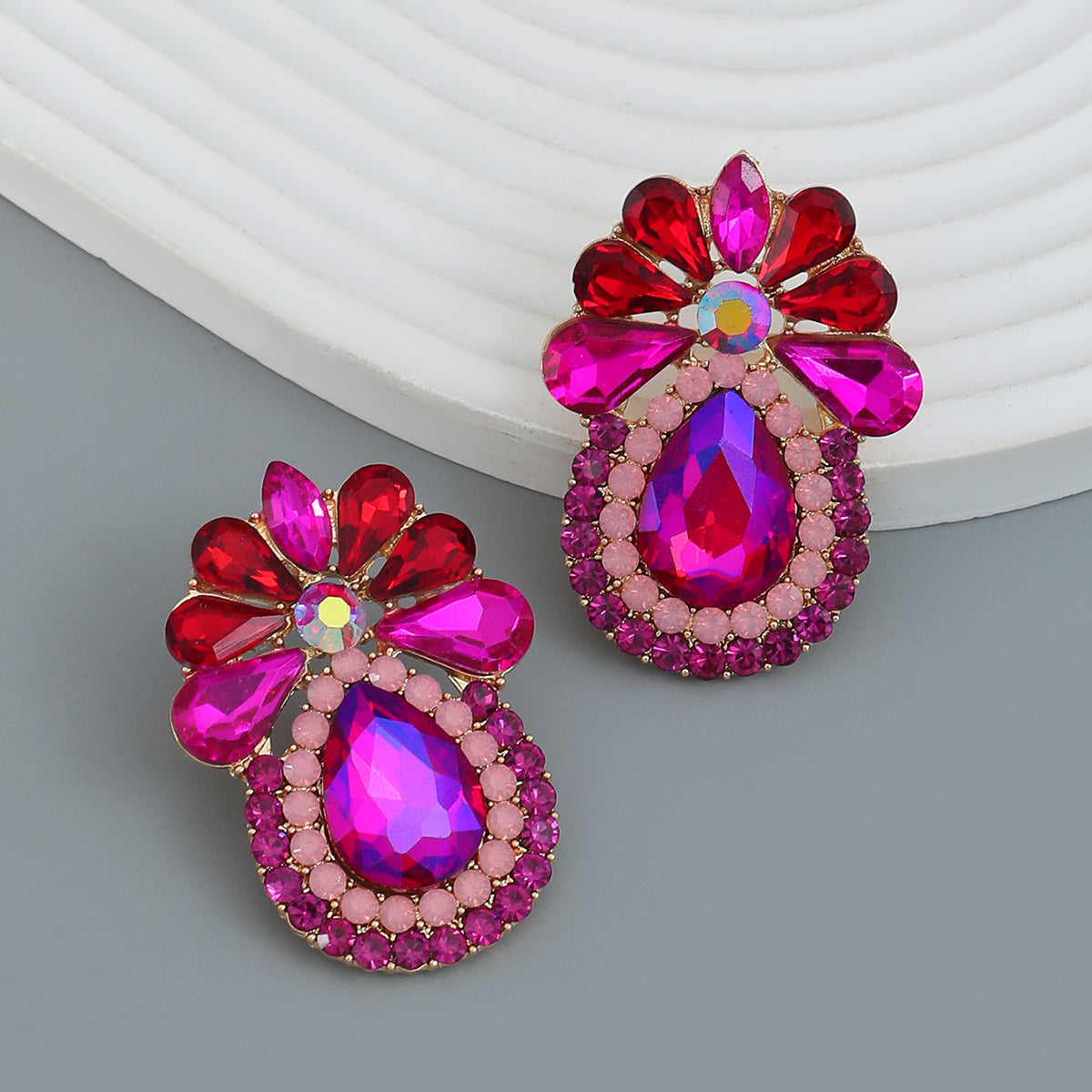 Wholesale Alloy Color Diamond Drop Shape Flower Gemstone Earrings