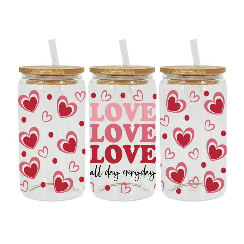 Wholesale Cartoon Cute Pink Valentine' s Day Heart 16oz Cup UV DTF Wraps