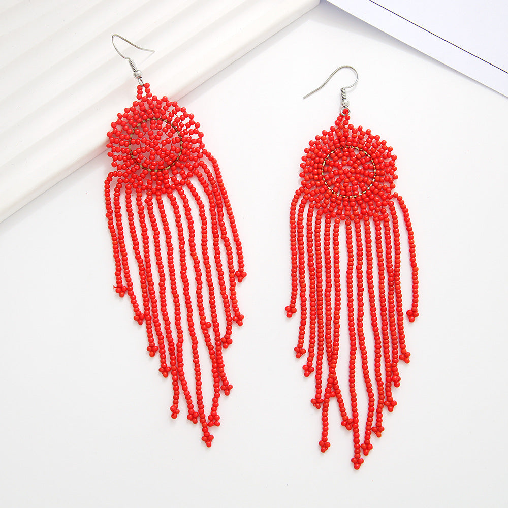Wholesale Geometric Round Dreamweaver Mesh Rice Beads Tassel Earrings