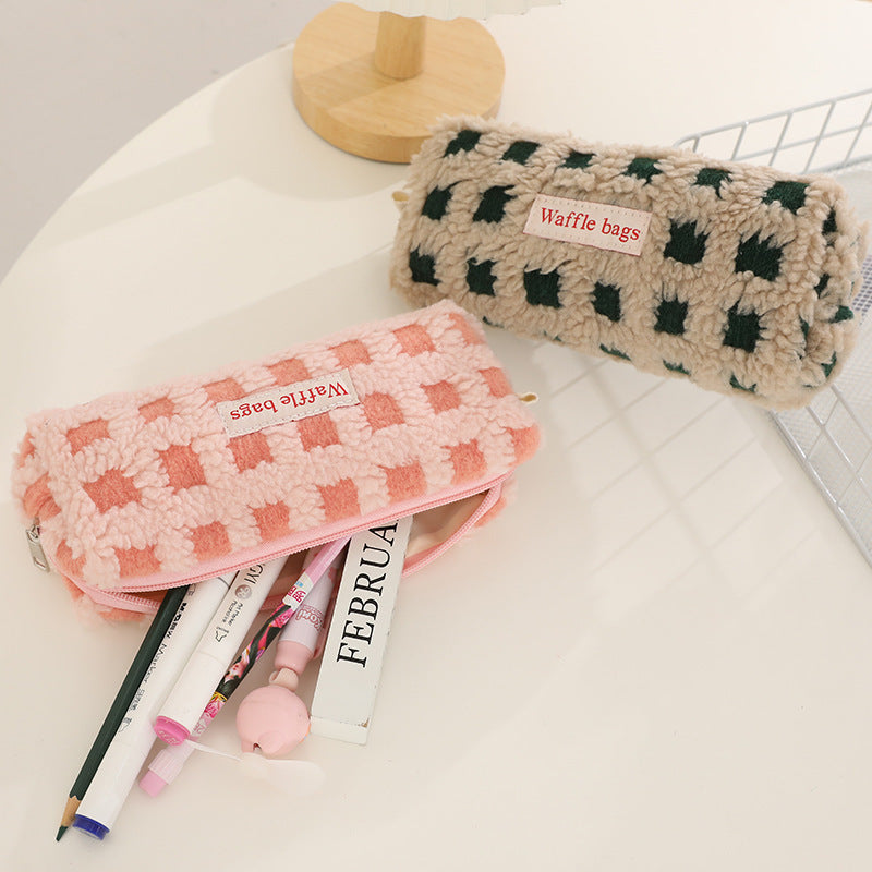 Wholesale Waffle Lamb Plush Checkerboard Pencil Case