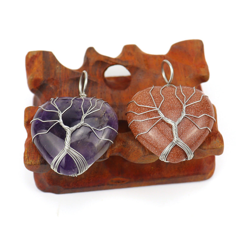Wholesale Silver Hand-wound Heart Natural Stone Rose Quartz Tree of Life Necklace