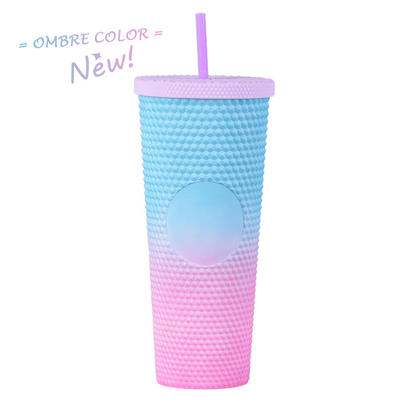 Wholesale Double-layer Plastic 710ml Durian Prick Hand Luminous Color Changing Rainbow Gradient Straw Cup
