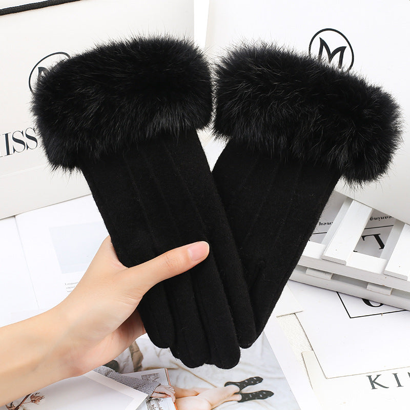 Wholesale wool plus fluffy mouth touch screen women's autumn and winter warm fashion cycling windproof gloves