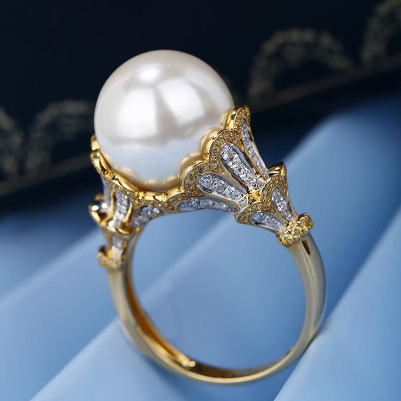 Wholesale Carved Gold Lace Lace Two-color Gold Inlaid Diamond Pearl Copper Ring