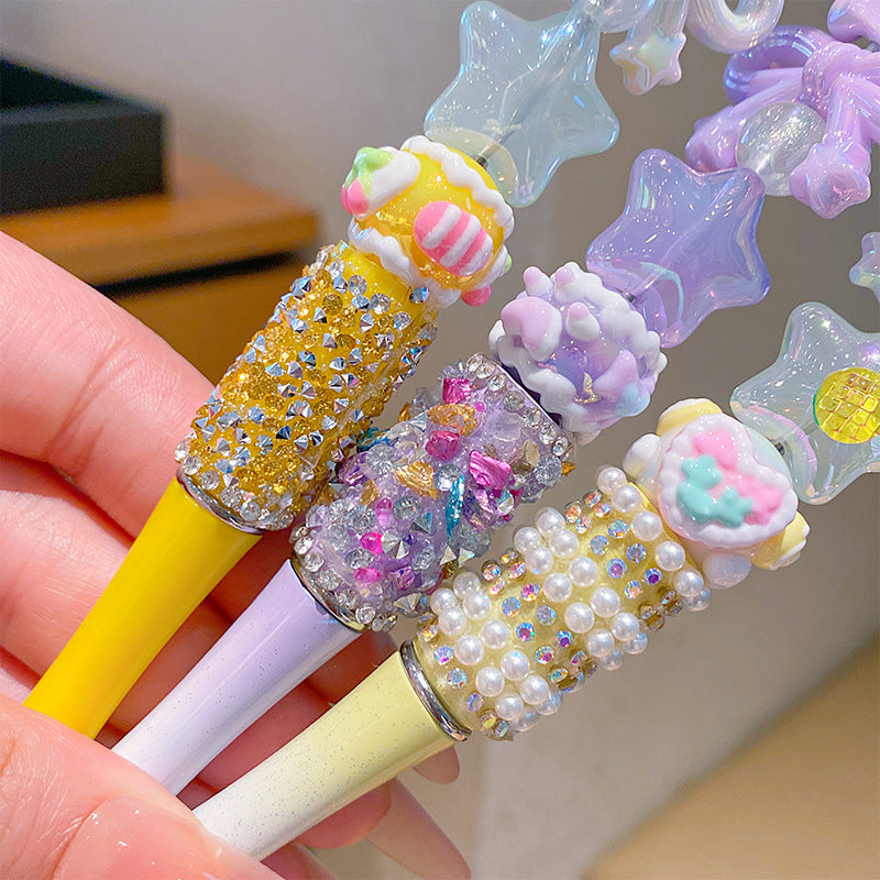 Wholesale Children' s Cartoon Flash Diamond Bow Rotary Writing Pen Black OLY Exclusive
