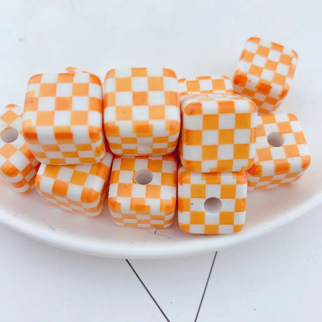 Wholesale 10pcs colorful checkerboard printed square acrylic beads