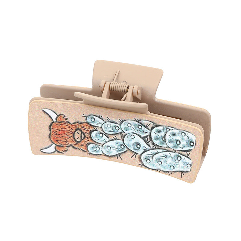 Wholesale Western Denim Style Cactus English Letters Leather Women's Hairpin Grab Clip Shark Clip