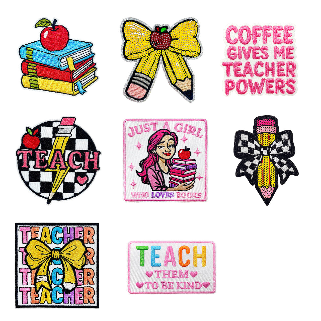 Wholesale Flat Embroidered Teacher S Day Patch Set Sequin Bow Pencil Badge Applique DIY Iron On Decorative Patches For ets