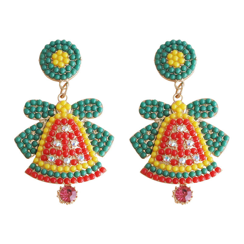 Wholesale Christmas Alloy Rice Beads Diamond Bell Earrings