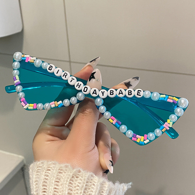 Wholesale Full Diamond Bow Colored Small Frame Birthday Letter Sunglasses