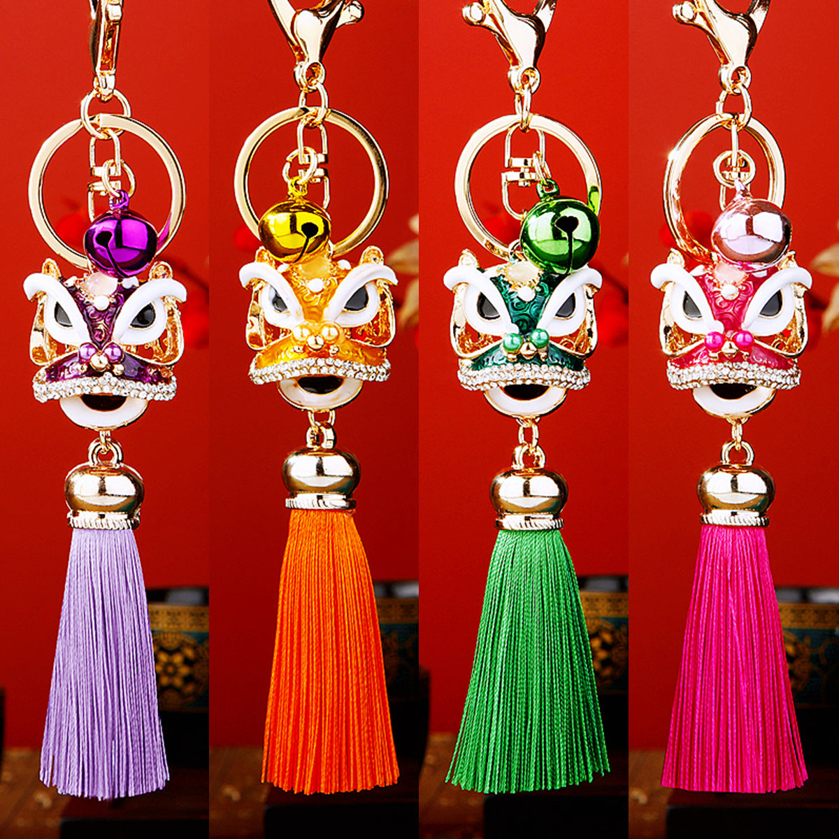 Wholesale Metal Chinese Style Lucky Lion Head Tassel Car Keychain Sapphire Blue Rhinestone Gift For Men Women