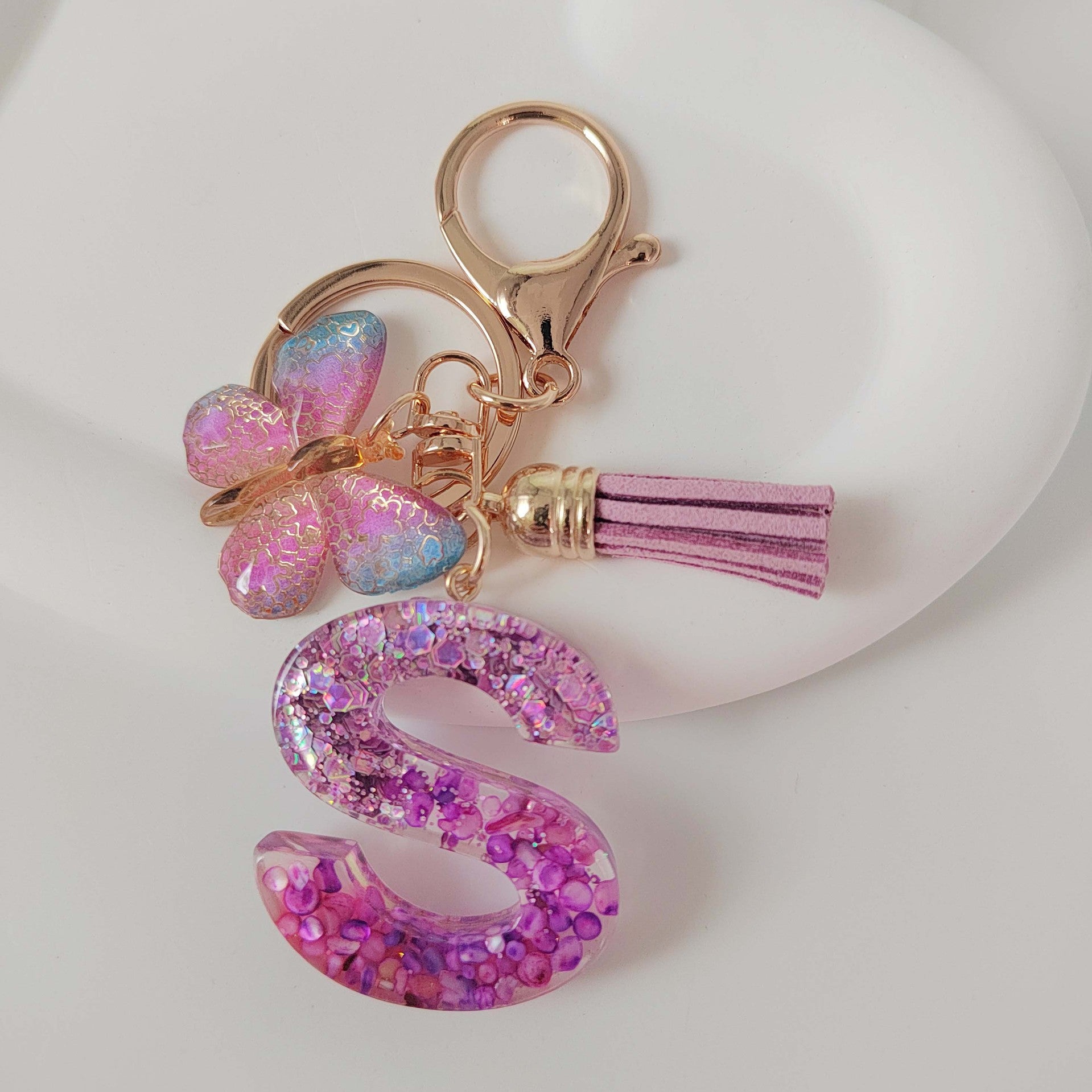 Wholesale Purple Illusion Color Double Glue Letter Glitter Tassel Keychain