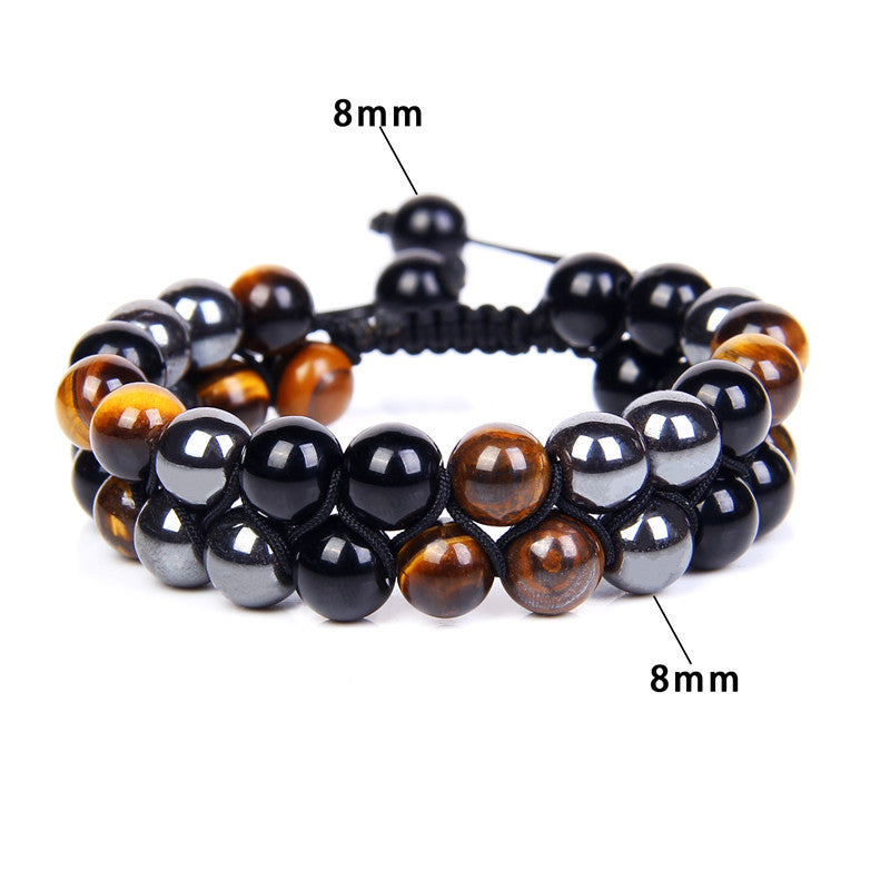 Wholesale Natural Tiger Eye Stone Black Onyx Double Layer Handwoven Bracelet