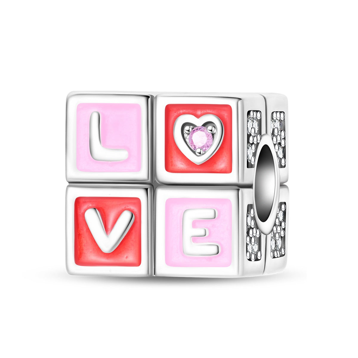 Wholesale Valentine' s Day Series Pink Magic Cube Rose Silver Plated Charms