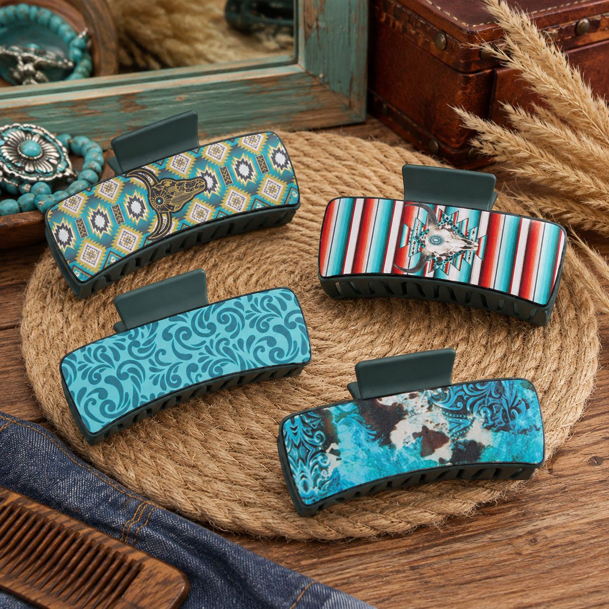Wholesale Cowboy Style Blue Green Printed Shark Hair Claw Clip For Women Large Plastic Hair Clip Gift