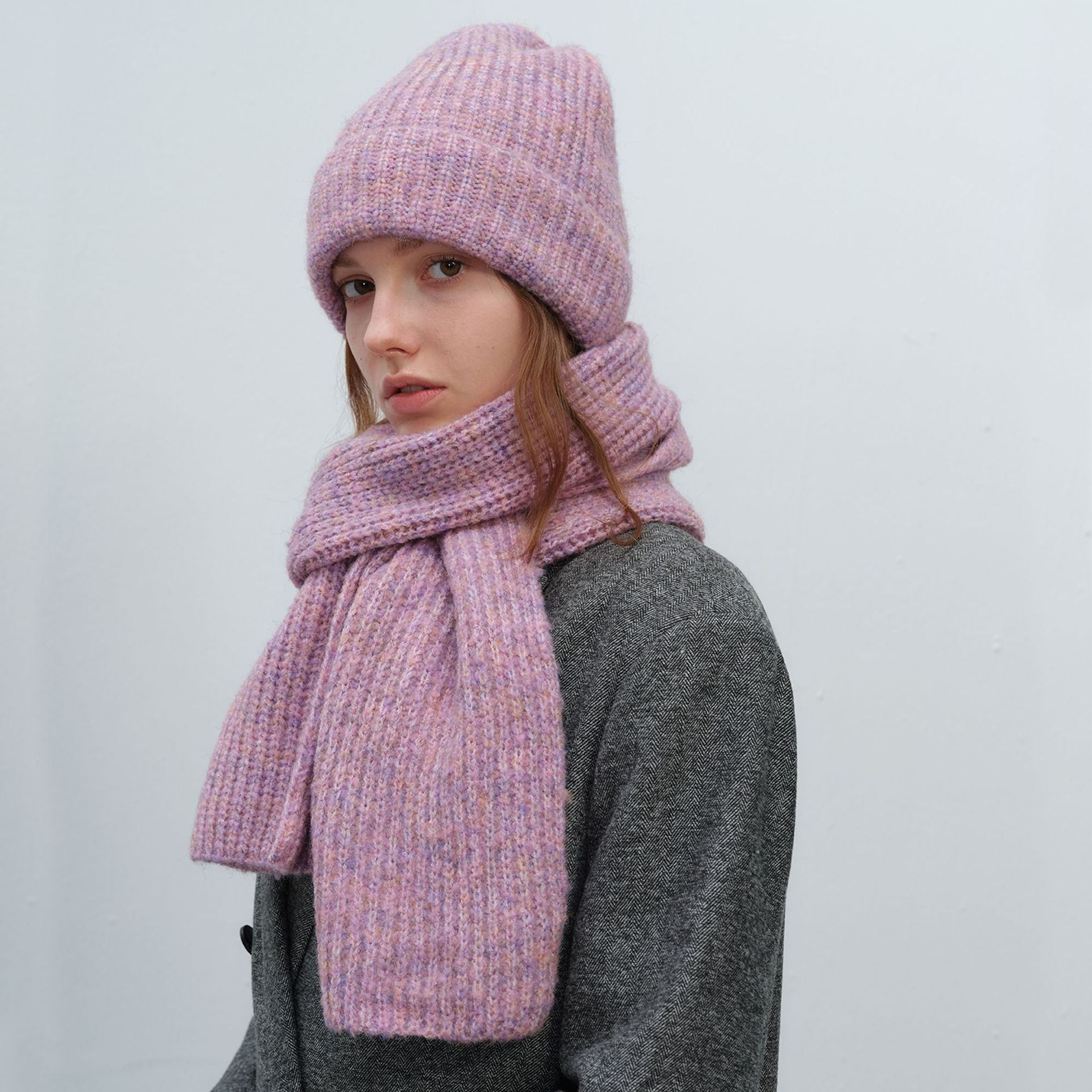 Wholesale Autumn and Winter Thickened Warm Mixed Color Knitted Hat and Scarf Two-piece Set