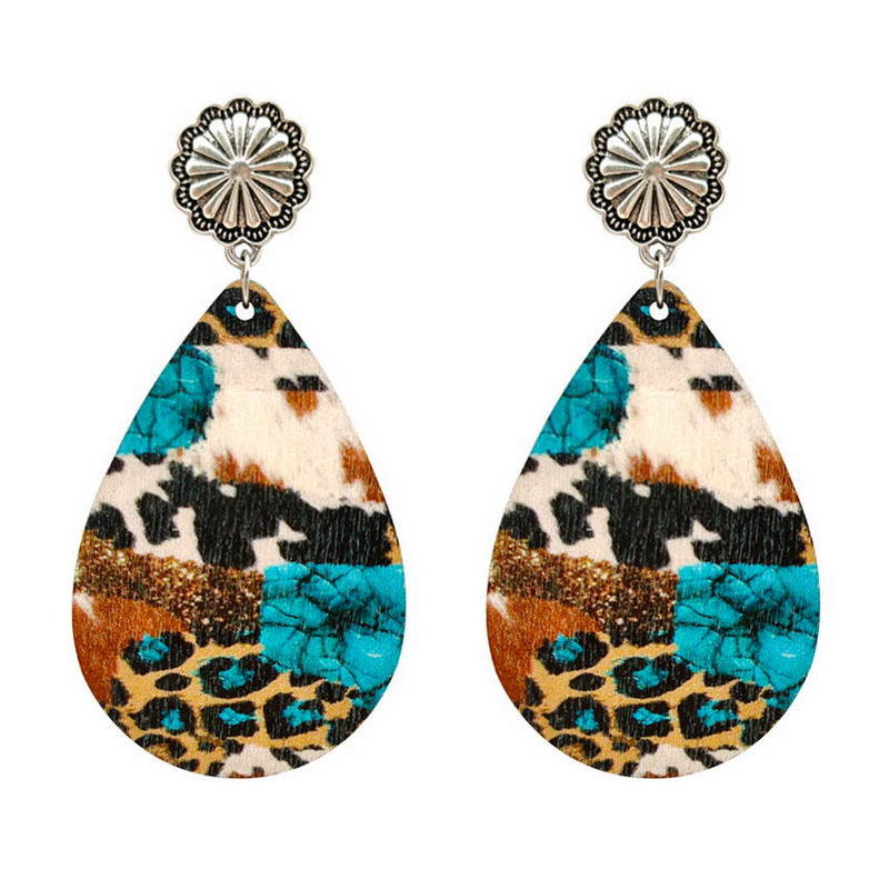 Wholesale Western Style Turquoise Leopard Print Sunflower Cow Print Leather Drop Earrings