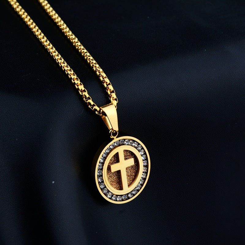 Wholesale Titanium Steel Hip Hop Necklace With Diamond Cut Cross Round Pendant Unisex Everyday Jewelry Accessory