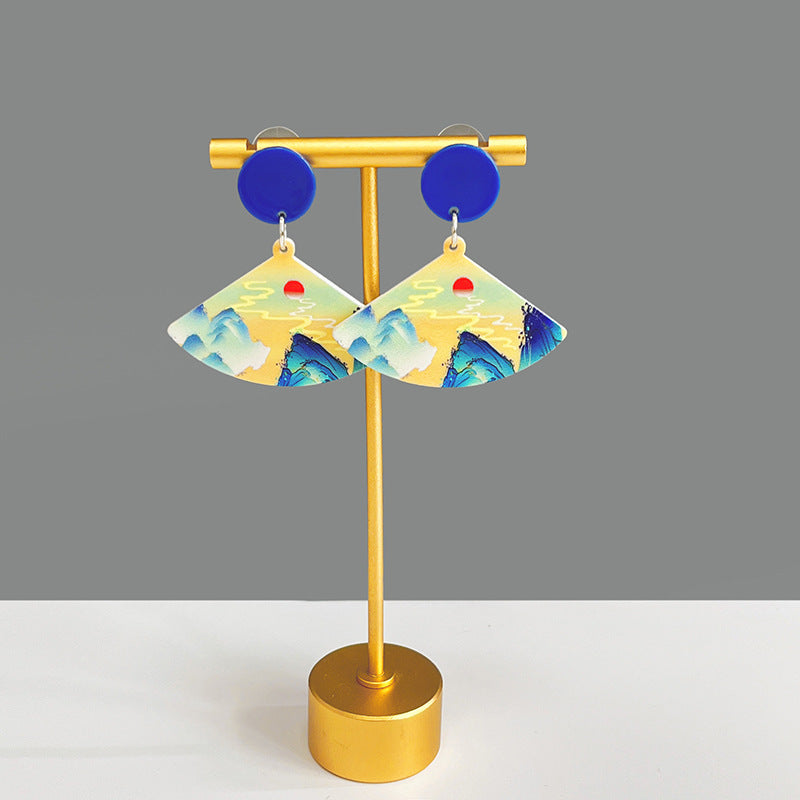 Wholesale Silver Needle Retro Cartoon Ink Painting Flower Fan Earrings