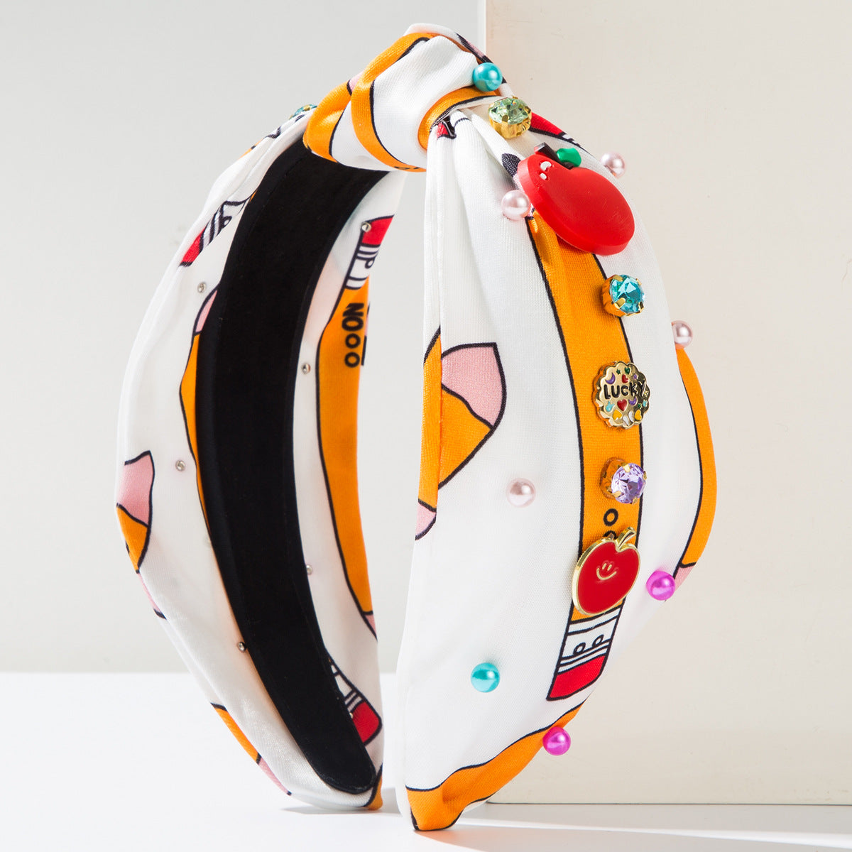 Wholesale Printed fabric headband with diamond and pearls