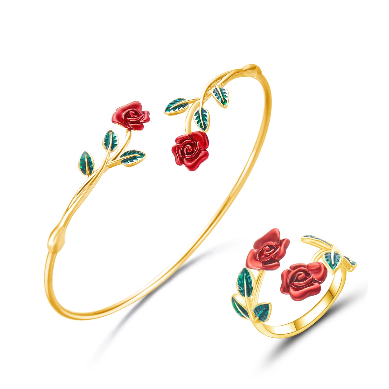 Wholesale Alloy Oil Drop Rose Open Bracelet Ring Set