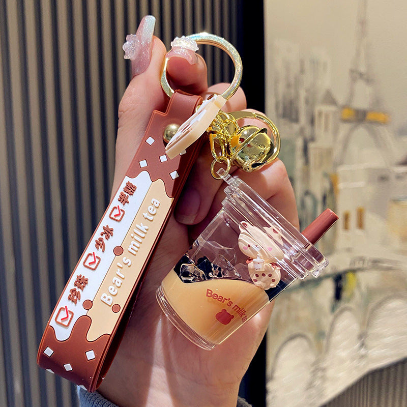 Wholesale bubble tea keychain floating small bear liquid quicksand pendant