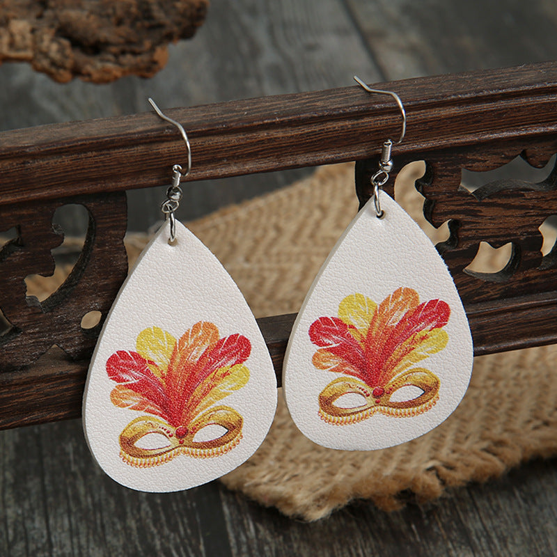 Wholesale Carnival Ball Feather Mask Leather Drop  Mardi Gras Earrings