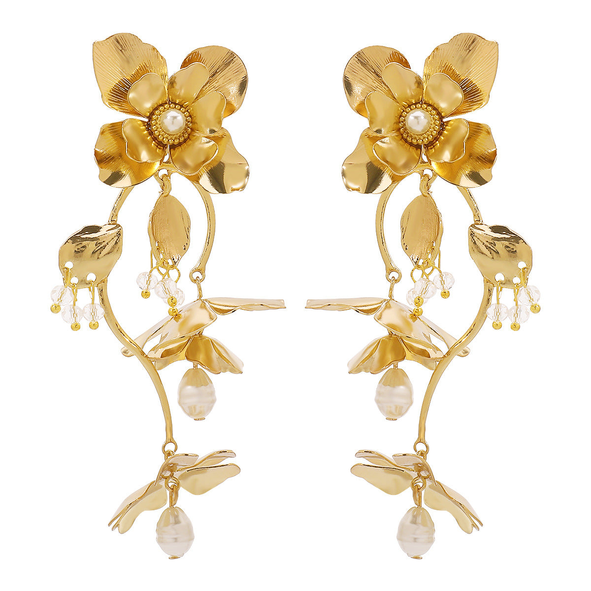 Wholesale Metal Everlasting Flower Retro Exaggerated Alloy Inlaid Pearl Earrings