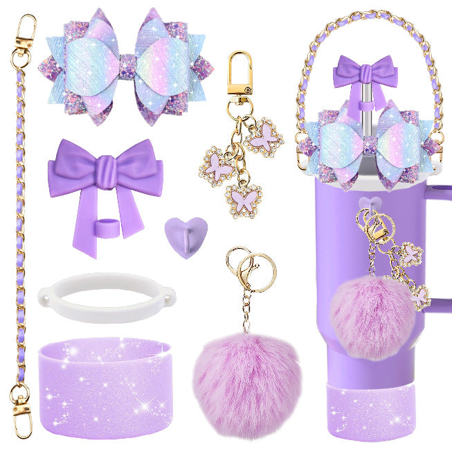 Wholesale mug accessories portable chain bow straw decorative silicone cup set cup chain flower pendant