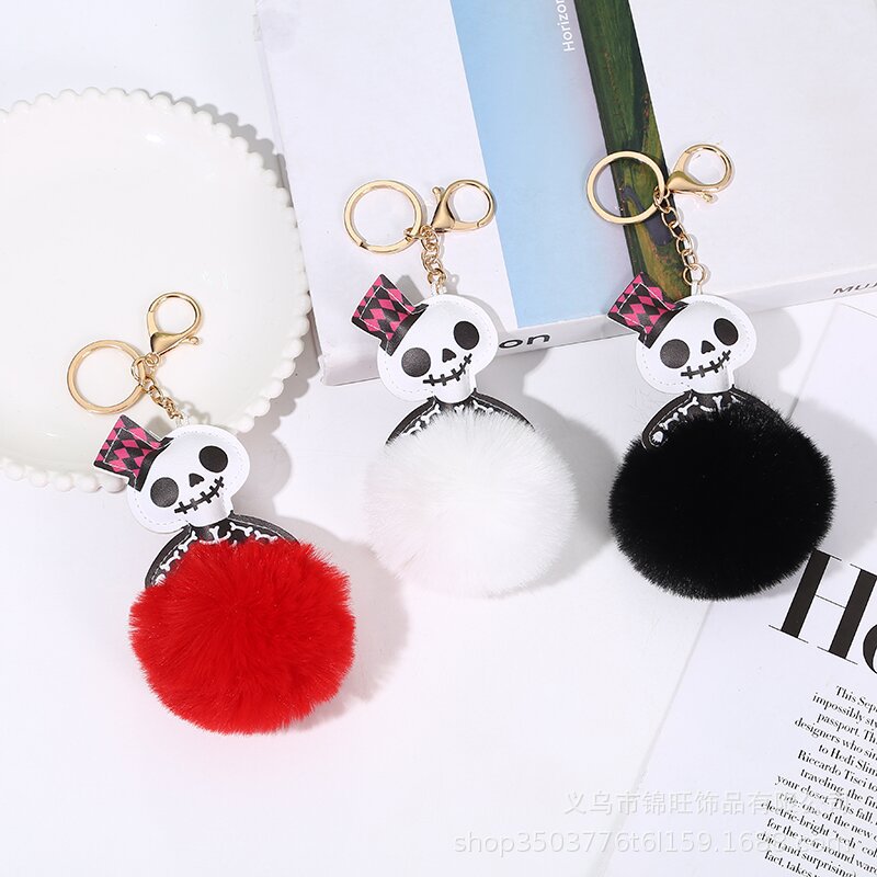 Wholesale Halloween Leather Skull Hair Ball Keychain
