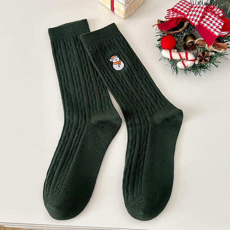 Wholesale Mid Tube Autumn and Winter Fried Dough Twists Pattern Christmas Socks Snowman Embroidery Versatile Socks