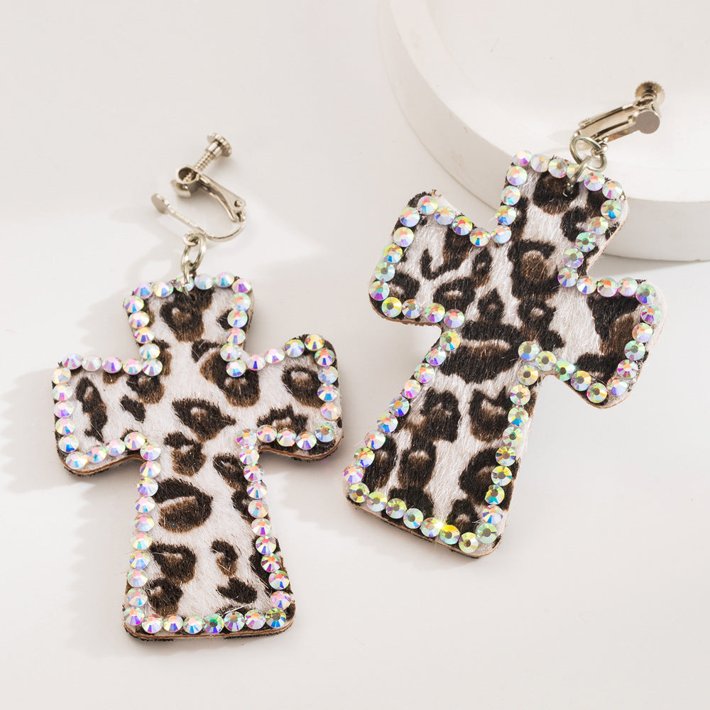 Wholesale Handmade Personalized Exaggerated Cross Genuine Leather Leopard Print Earrings