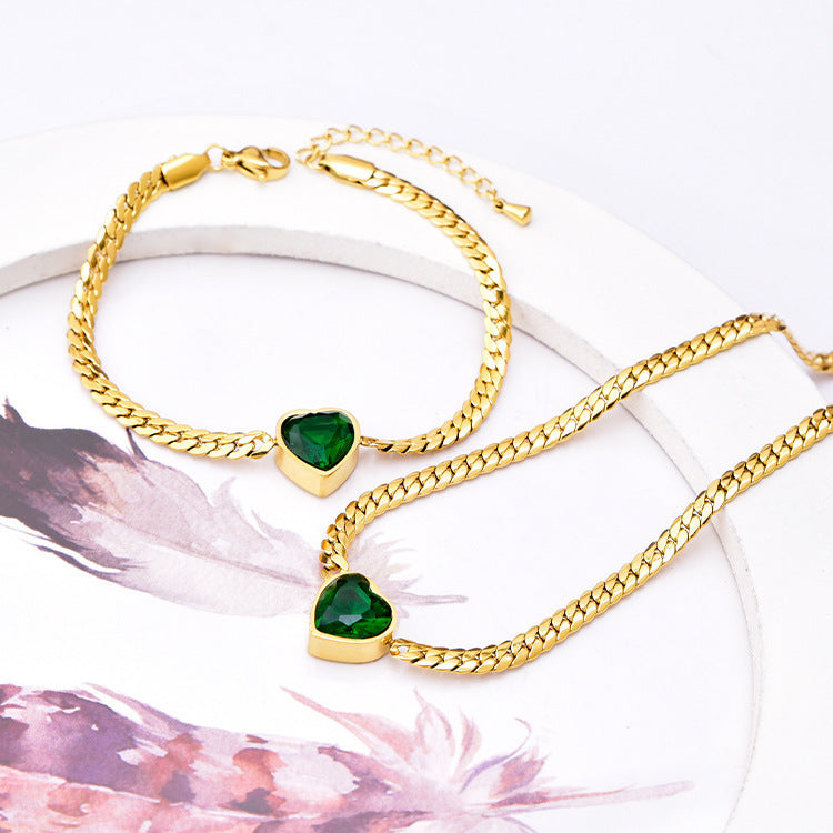 Wholesale European and American Fashionable White Zircon Love Necklace Titanium Steel Bracelet Simple and Versatile Girl Green Diamond Clavicle Chain Bracelet Heart Shape
